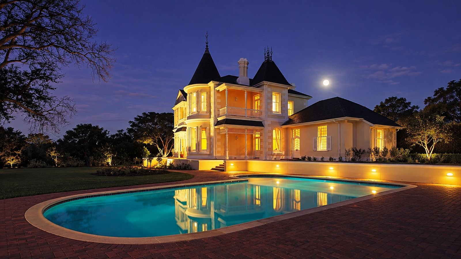 Victoria Haus at dusk, the house floodlit behind the lit swimming pool under a full moon.
