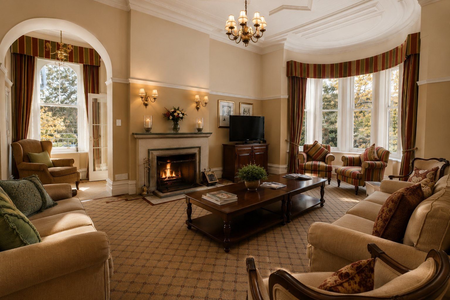 The guest lounge: sofas and armchairs around a fireplace, under a chandelier, with a curtained bay window.