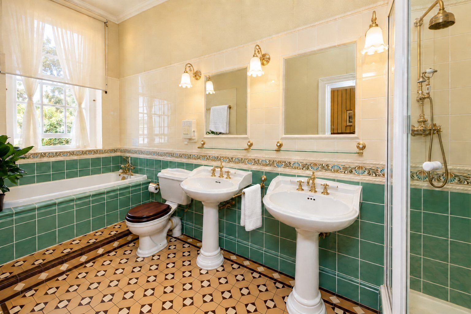 Room I bathroom: emerald tiles, twin pedestal basins, a bath below the window and a glass shower.