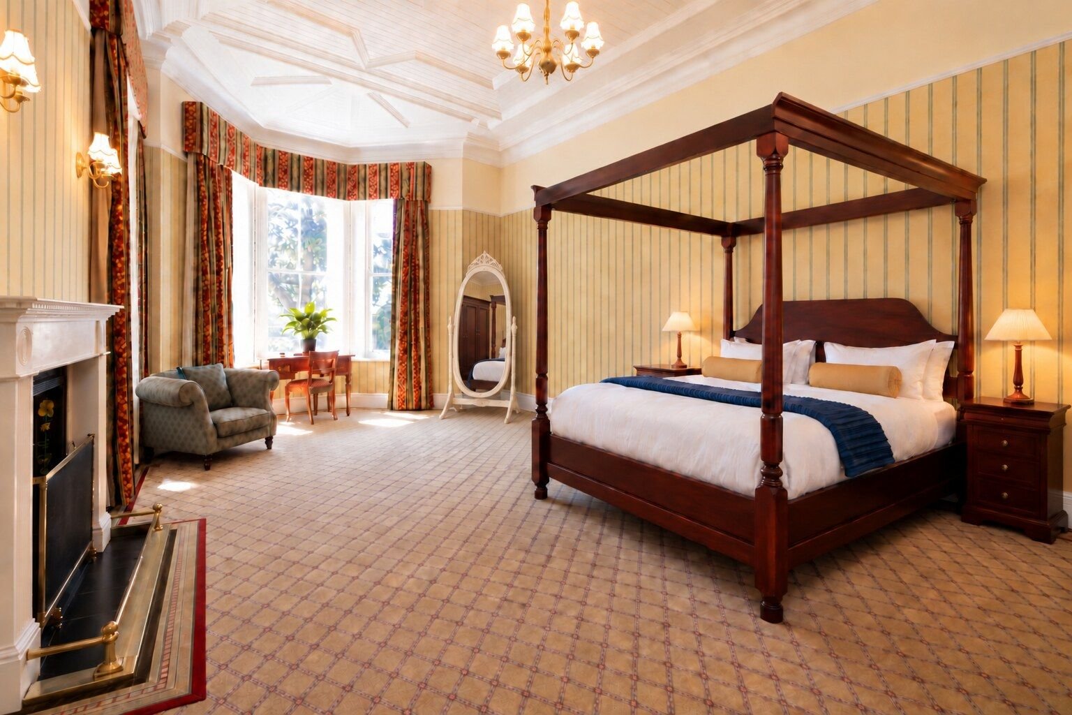 Room I, Superior King: a mahogany four-poster bed, a fireplace, a brass chandelier and a curtained bay window.