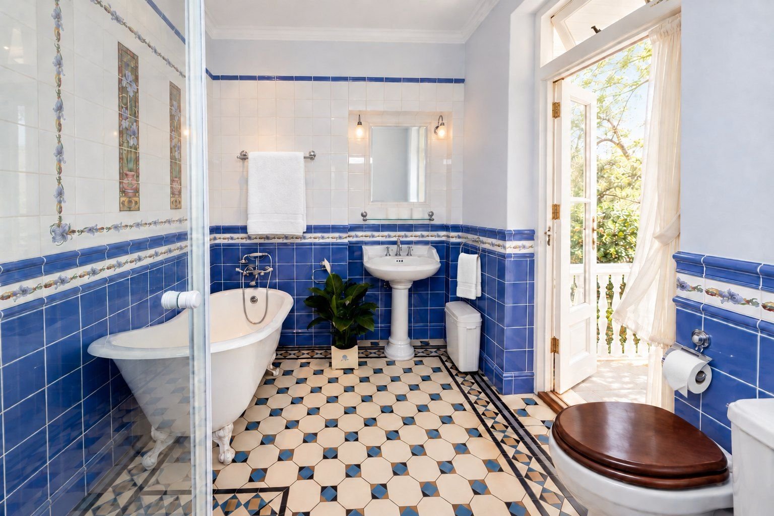Room IV bathroom: cobalt and white tiles, a claw-foot bath and a door open to the garden trees.