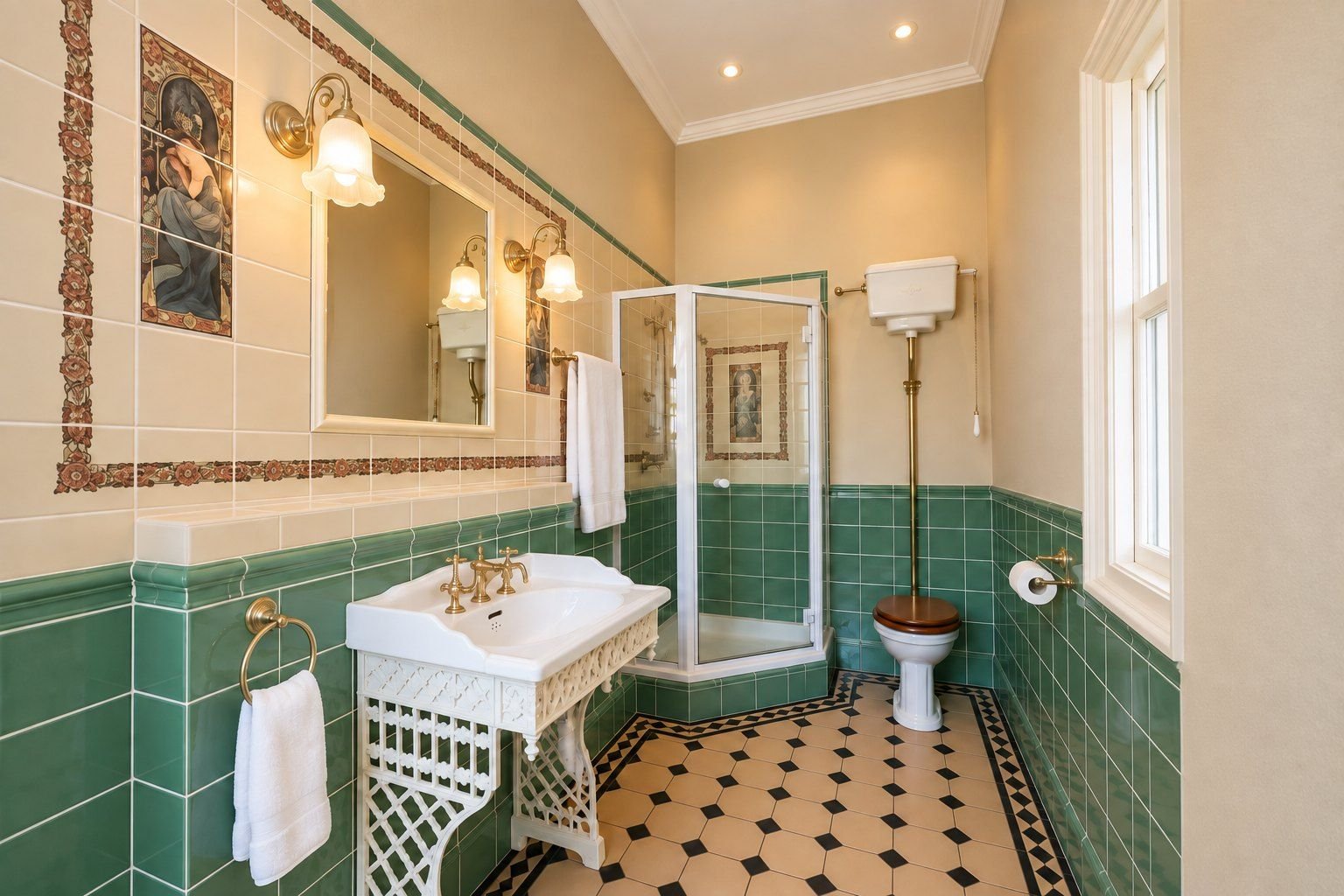 Room V bathroom: green tiles, an Art Nouveau tile panel, a white lattice washstand and a glass shower.