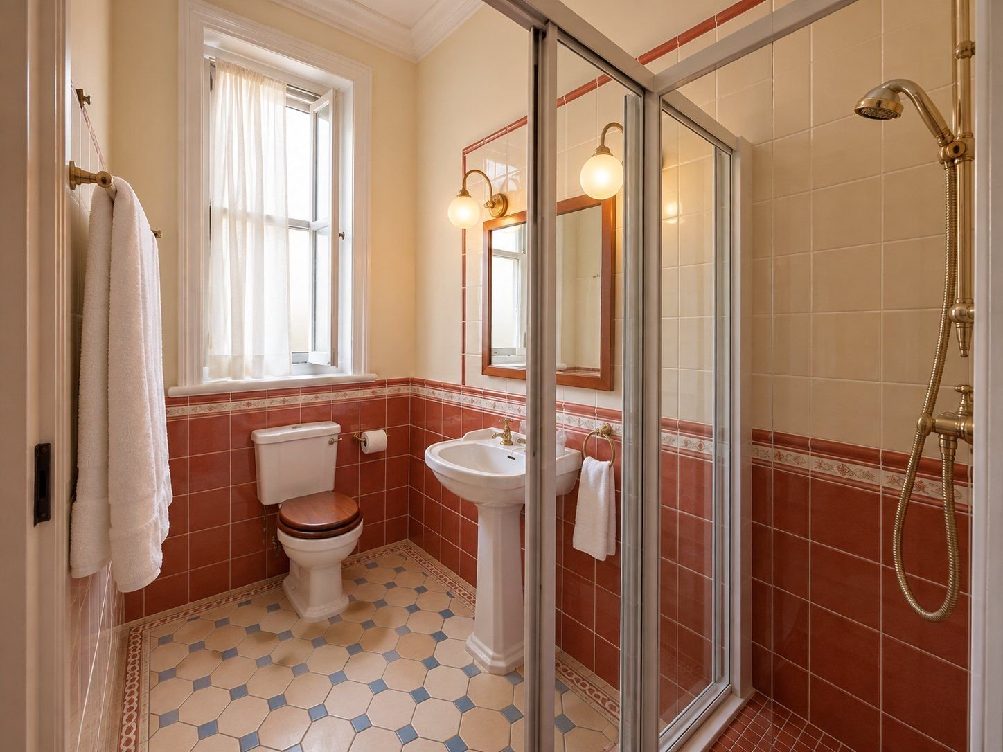 Room VI bathroom: dusty rose tiles, a pedestal basin and a glass shower with a brass rail.