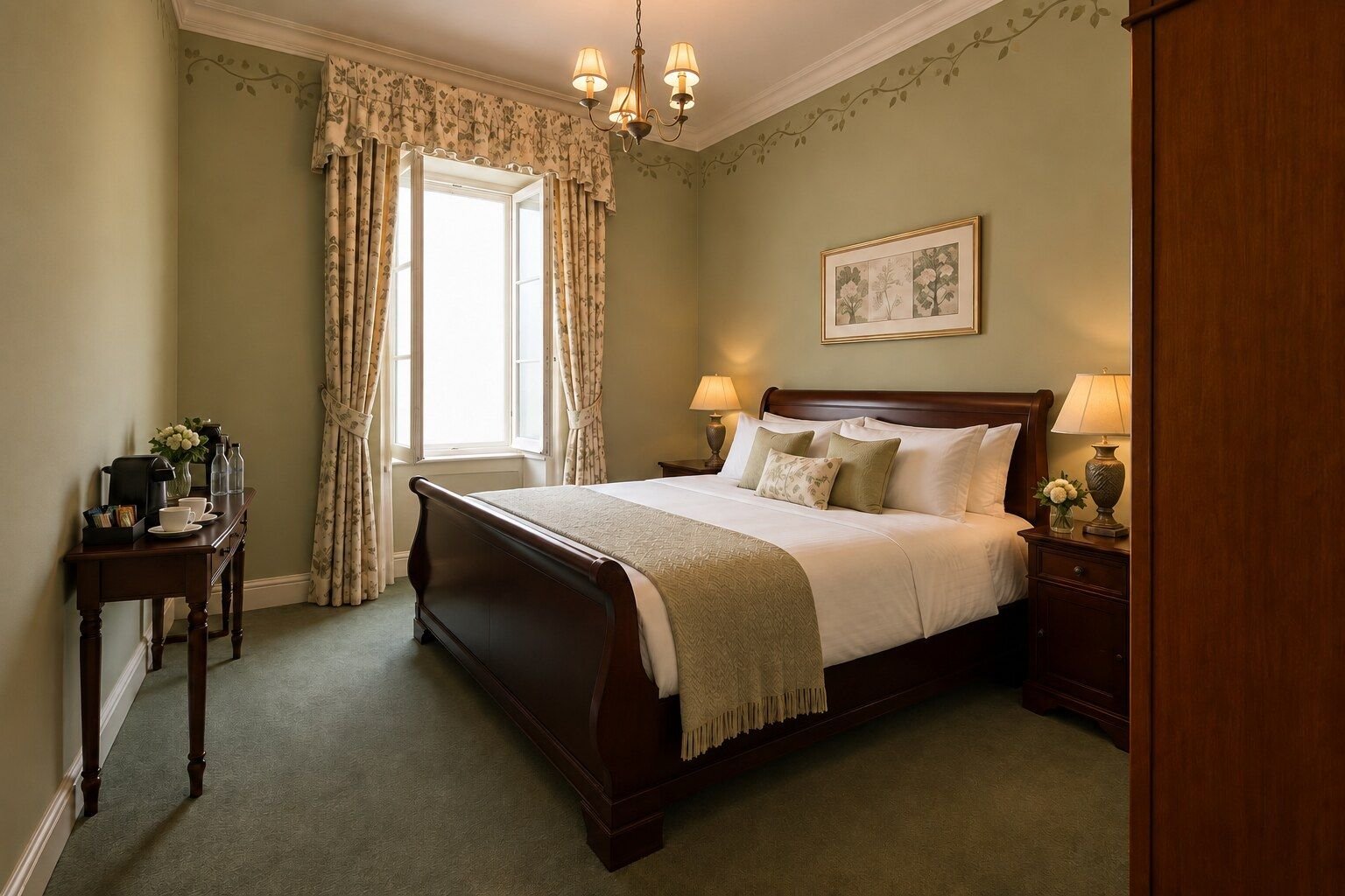 Room VI, Classic Queen: sage walls, a mahogany sleigh bed and a tall curtained window.
