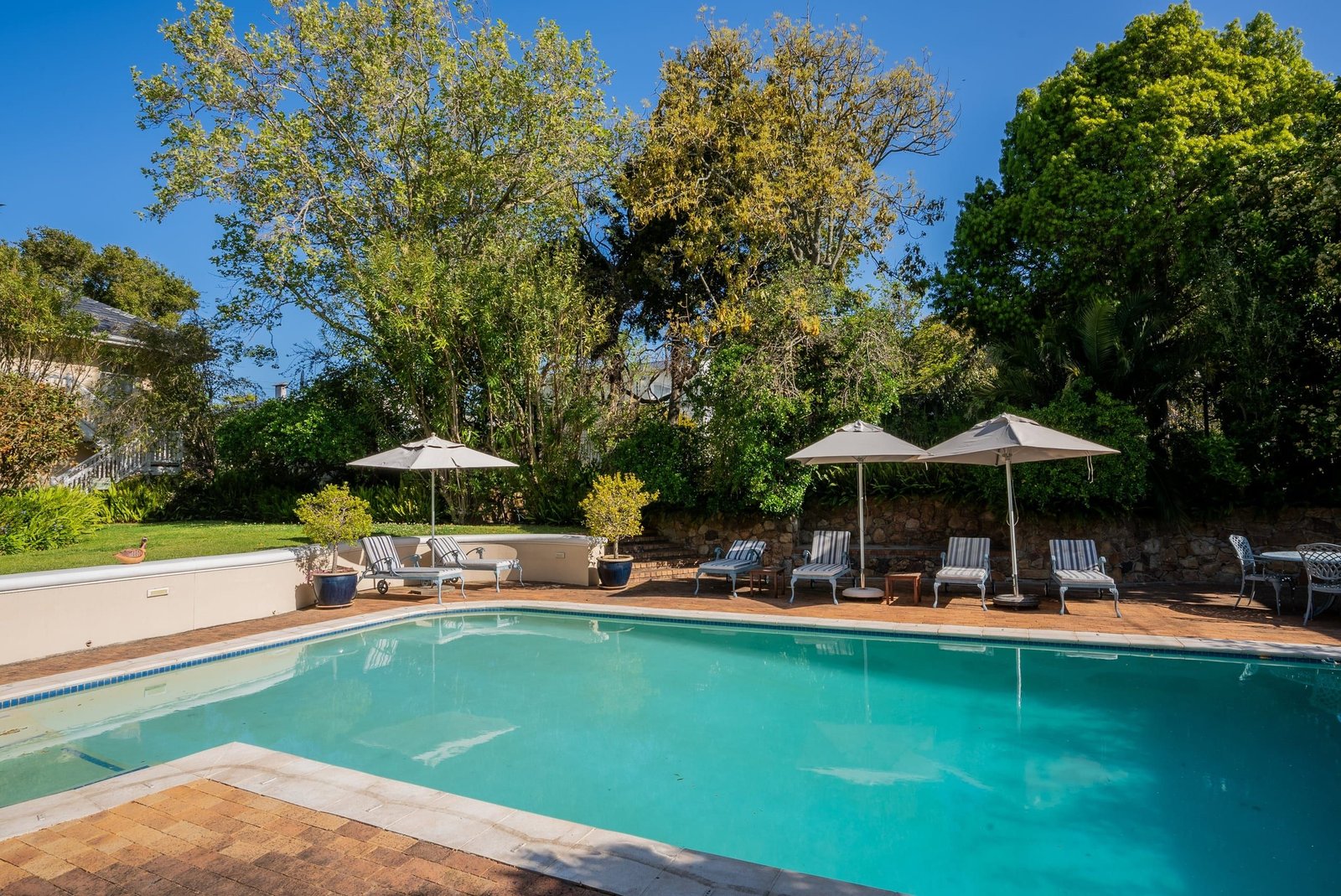 The pool terrace with umbrellas and loungers along a stone wall, under tall trees.